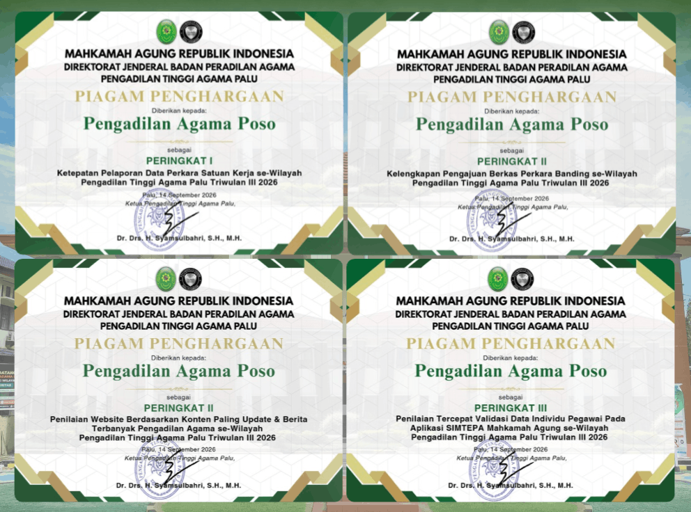 Pengadilan Agama Poso Raih 4 Piagam Penghargaan dari Pengadilan Tinggi Agama Palu pada Triwulan III 2026 1
